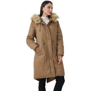 Women's Khaki Fluffy Fur Lined Long Sleeve Hooded Vest Jacket Coat Winter Warm